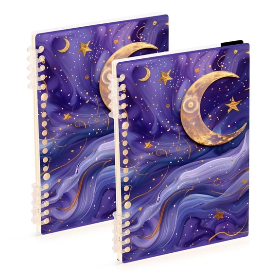 Golden Stars Crescent Moon Purple Wave Notebook Detachable Coil Notebook Diary Plan Book A5 Size 60 Pages 1 Pack
