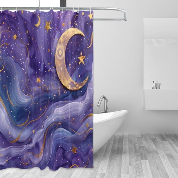 Golden Stars Crescent Moon Purple Wave Shower Curtains with 12 Hooks Waterproof Bathroom Decor 66" x 72"