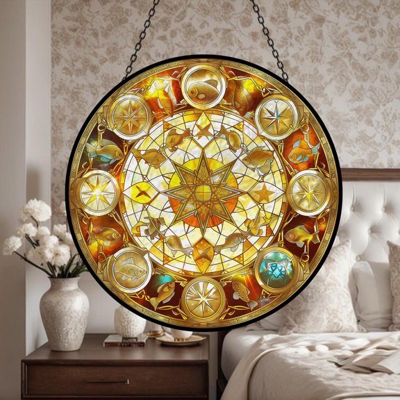 Golden Stars Glass Suncatcher, Golden Fish Mandala Window Garden Decoration Geometric Structure, 6.3 in