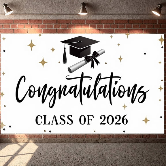 Golden Stars Graduation Banner Black White Gold Color Congratulation Backdrop Elegant Shiny Elements Class of 2026 Background for Graduation Party Class of 2026 Celebration Graduation Ceremony