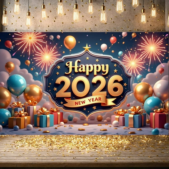 Golden Stars Happy New Year Banner Colorful Balloons 2026 Banner Fireworks Design Gift Boxes New Year Decoration Banner for New Year Party Family Gathering Company Annual Meeting