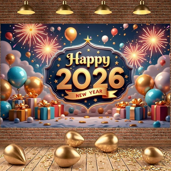 Golden Stars Happy New Year Banner Colorful Balloons 2026 Banner Fireworks Design Gift Boxes New Year Decoration Banner for New Year Party Family Gathering Company Annual Meeting