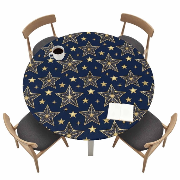 Golden Stars Round Fitted Table Cover Art Bohemian Yellow Stars Navy Blue Midnight Sky Waterproof Table Cloth with Elastic Edge Wipeable Tablecloth for Picnic Camping Party Fits 36"-44" Tables