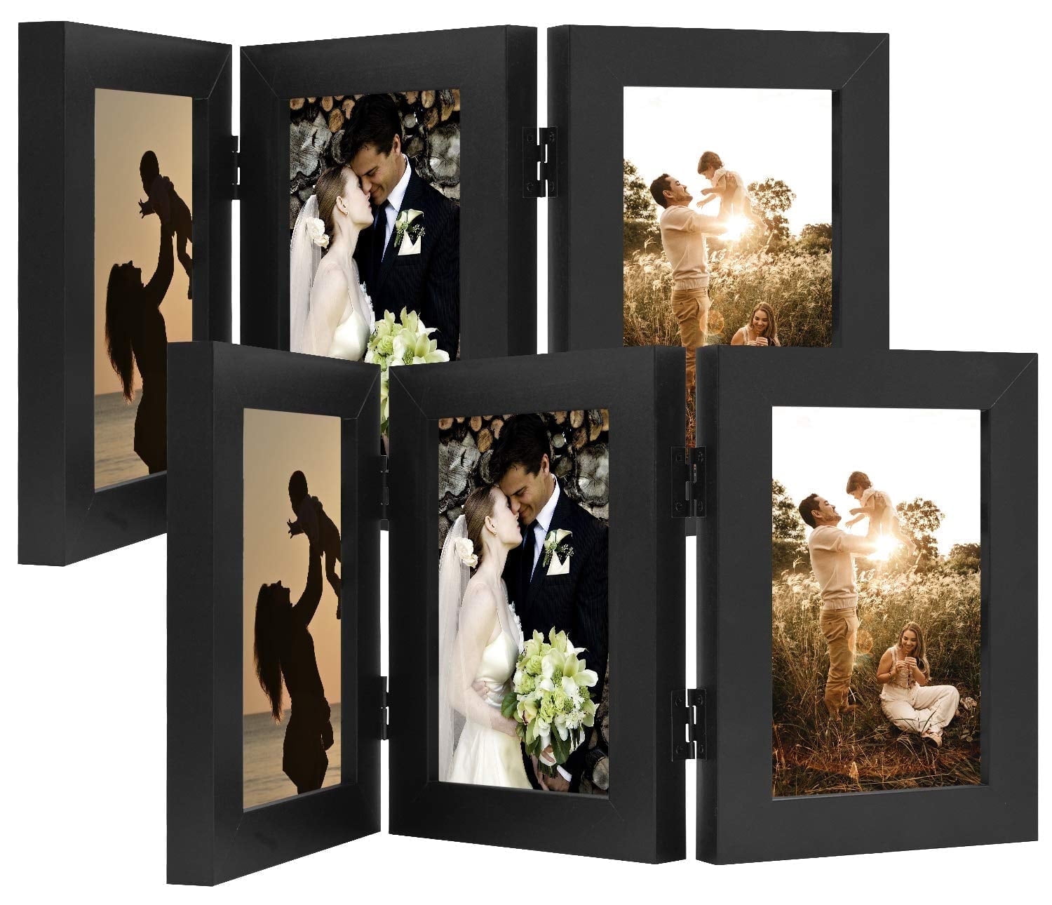 Golden State Art 3-Opening 4x6 Trifold Hinged Photo Frame with Real Glass, Black, 2-Pack