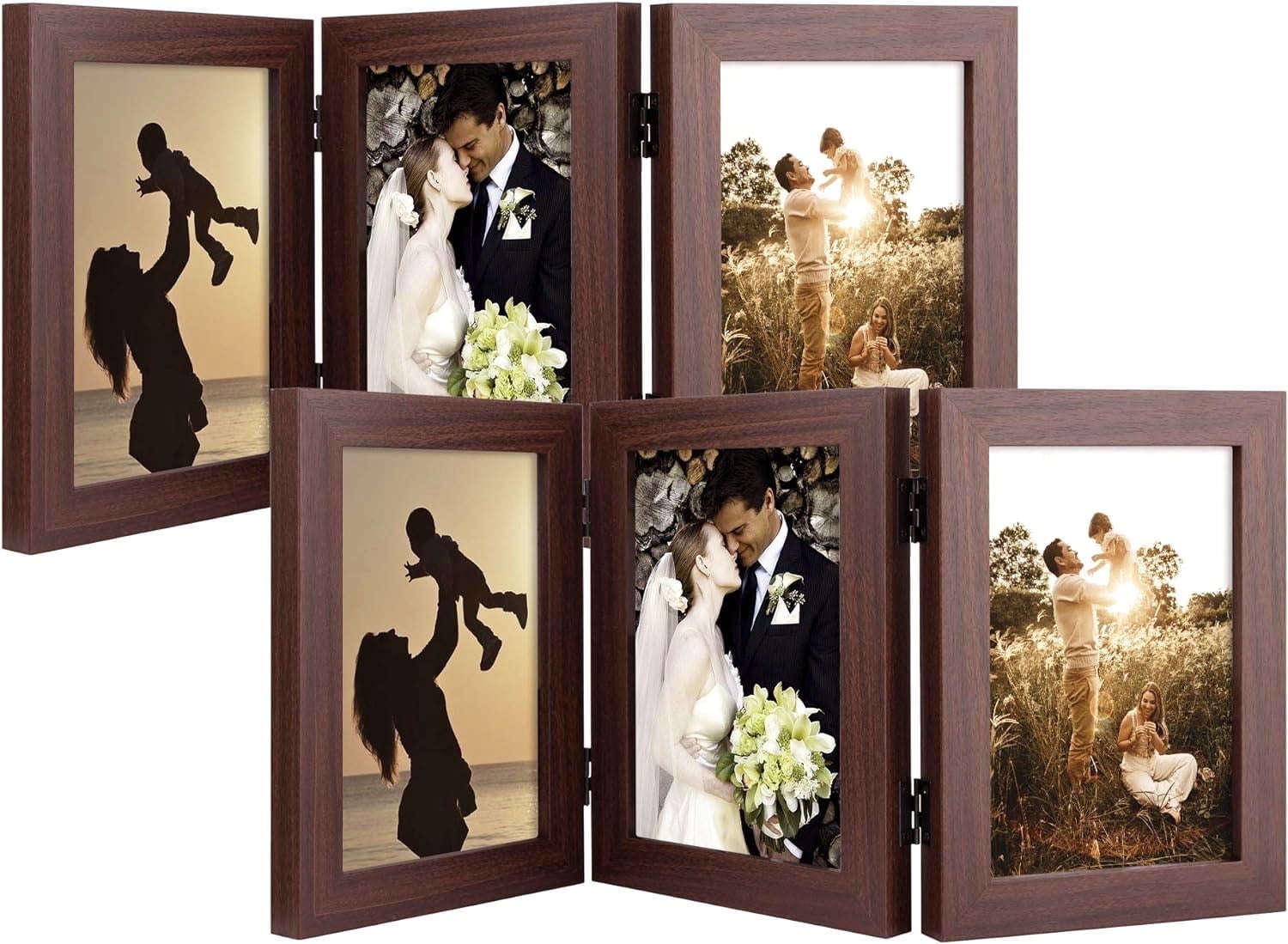 Golden State Art 3-Opening 5 x 7  Trifold Hinged Photo Frame for Tabletop Display, Brown, 2-Pack