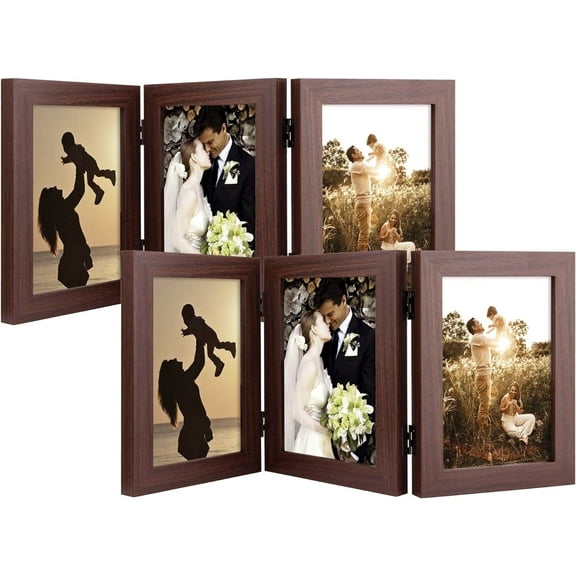 Golden State Art 3-Opening 5 x 7  Trifold Hinged Photo Frame for Tabletop Display, Brown, 2-Pack