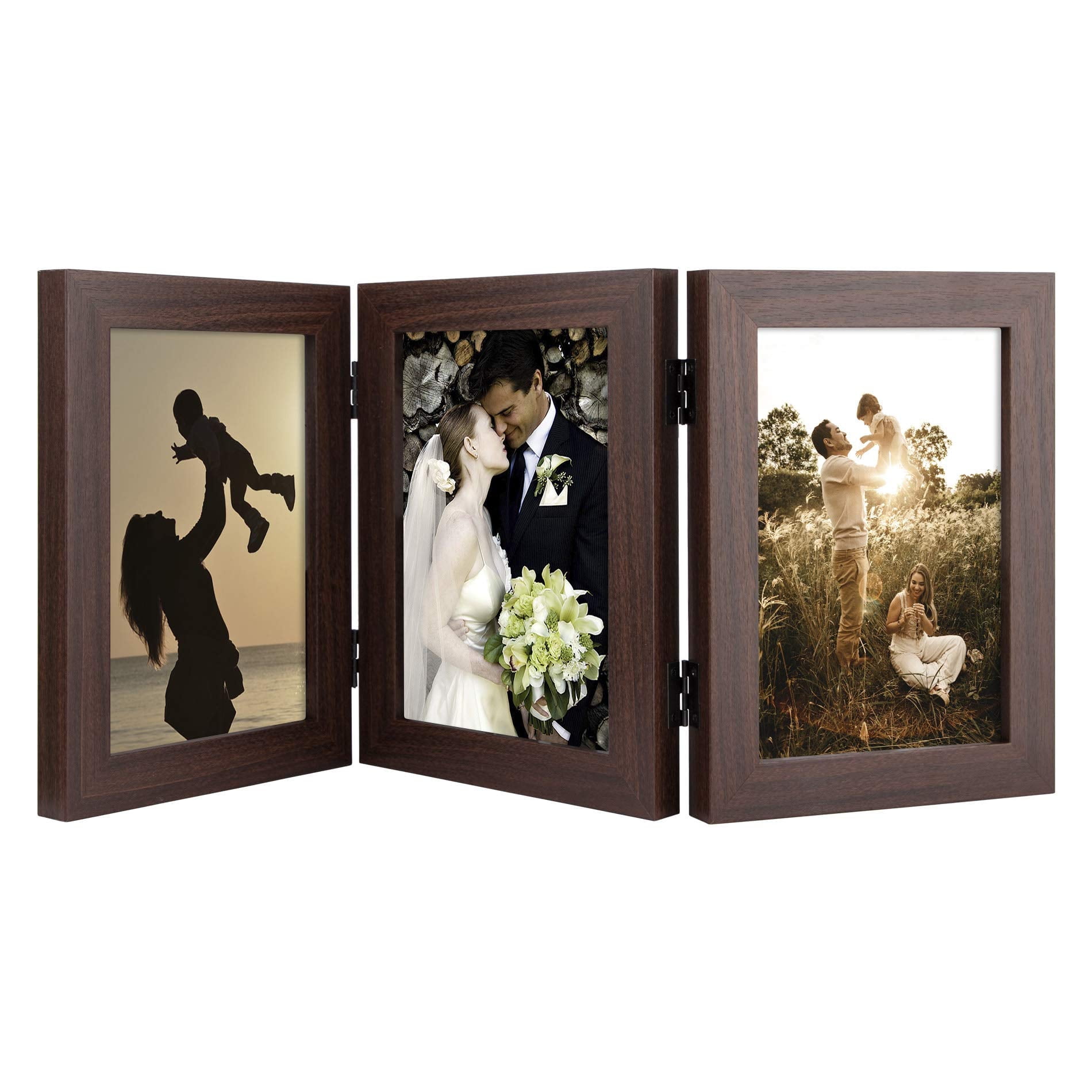 Golden State Art 3-Opening 5x7 Desk Top Hinged Family Decor Collage Picture Frame, Brown, 1-Pack