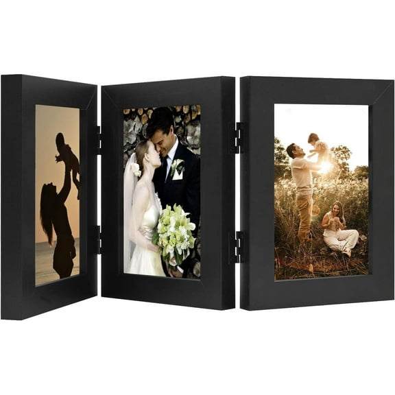 Golden State Art 3-Opening 5x7 Family Triple Hinged Collage Picture Frame, Black, 1-Pack