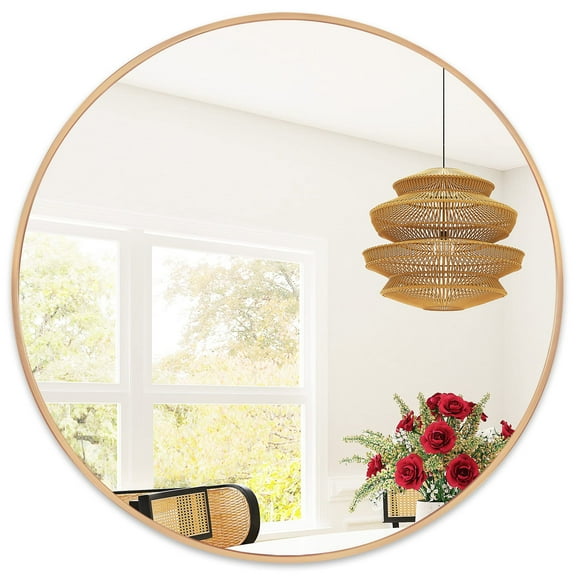 Golden State Art, 36" Gold Round Mirror, Aluminum Brass Framed Circle Wall Display Mirror