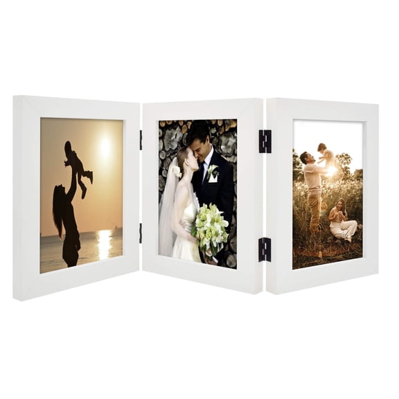 Golden State Art 5x7 3-Opening Trifold Hinged Photo Frame with Real Glass, White, 1-Pack