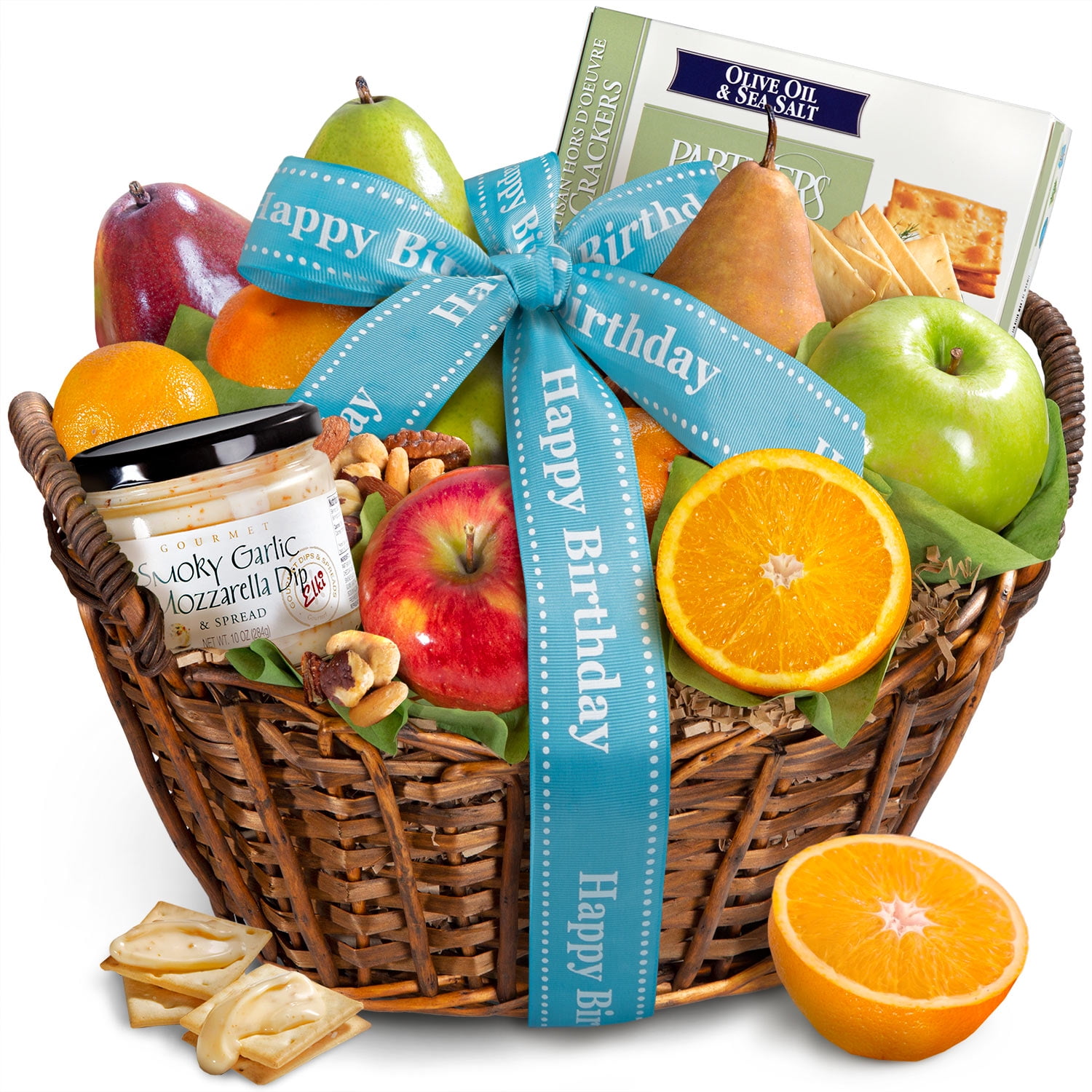 Golden State Fruit Fresh Fruit, Cheese, Salami Gift Basket with Happy Birthday Ribbon, 1 Pack
