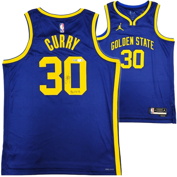 Golden State Warriors Stephen Curry Autographed Blue Nike Jordan Statement Edition Jersey Size 48 "Bible Verse" Beckett BAS QR 234962