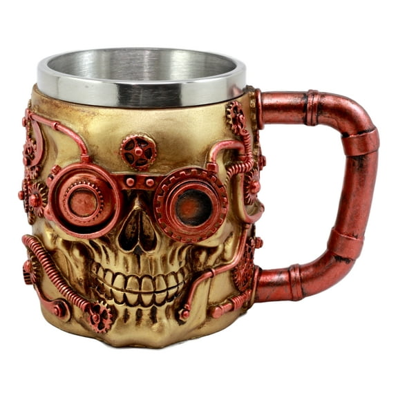 Golden Steampunk Detective Skull Coffee Mug Mechanical Gearwork Pipeline Design Beer Stein Tankard Drink Cup 14oz