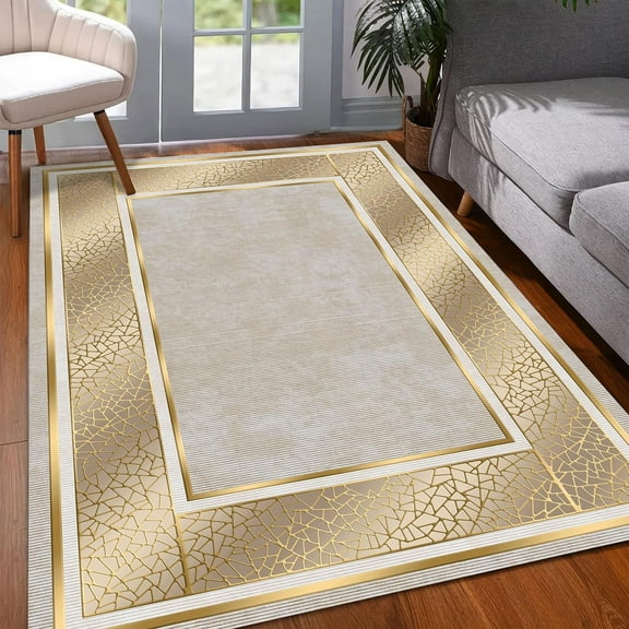 Golden Striped Beige Area Rugs, 4x5 Modern Golden Crackle Aesthetics Entryway Rug Short Pile Non-Slip Soft Washable Indoor Thin Floor Carpet for Living Room Bedroom