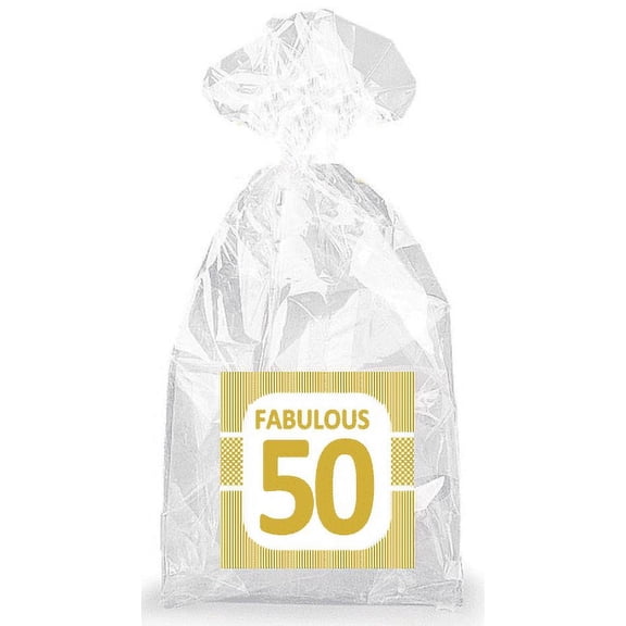 Golden Striped Fabulous 50th Birthday Party Favor Bags with Ties - 12pack