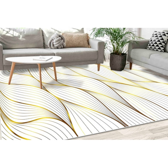 Golden Striped Rugs, Gold and White Rugs, Gold Rug, Modern Rugs, Saloon Rug, Cool Rug, Luxury Rug, Gift For Her, Round Rug, Minimal Rug, 1.7'x2.3' - 50x70 cm