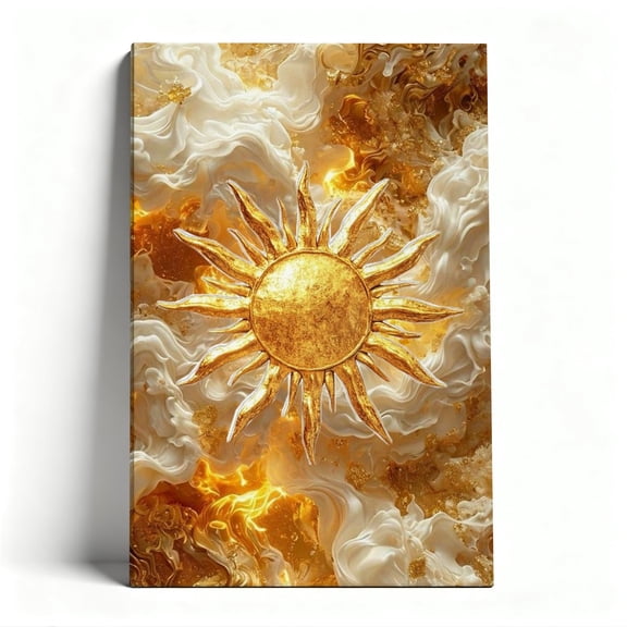 Golden Sun Abstract Canvas Wall Art, Luxe Celestial Decor, Fluid Marble Effect Artwork for Living Room, Ready to Hang