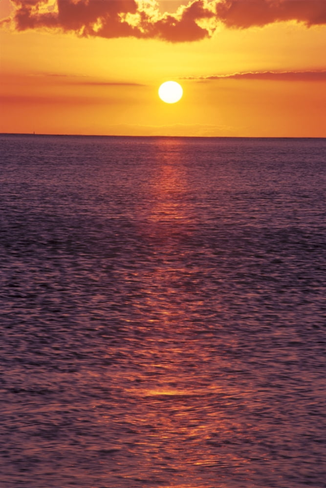 Golden Sun Ball Sunset With Orange Sky Over Ocean Purple Surface With Reflections Canvas Art - Tomas del Amo Design Pics (24 x 38)