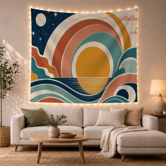 Golden Sun Beneath Layered Celestial Arcs Above Teal Waves, Whimsical Retro for Ocean Lovers, Seaside Wall Art, Housewarming Gift, Tapestry Wall Hanging for Bedroom and Studio