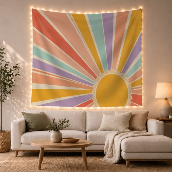 Golden Sun Beside a Fan of Pastel Rays, Playful Retro for Art Lovers, Sunburst Wall Art, Housewarming Gift, Tapestry Wall Hanging for Bedroom, Living Room and Studio