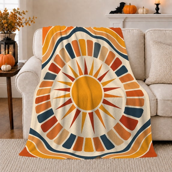 Golden Sun Circle with Retro Bands, Cozy Modern Style for Sun Lovers, Warm Geometric Solar Pattern and Housewarming Gift, Cozy Flannel Blanket for Bedroom and Living Room, Home Decor