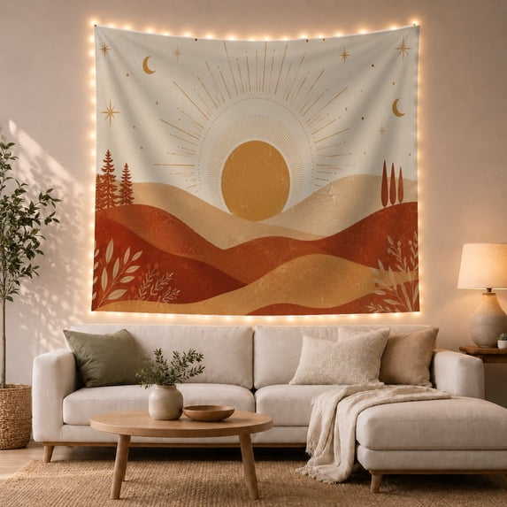 Golden Sun Against Cream Sky, Calming Retro for Nature Lovers, Bohemian Landscape Wall Art, Housewarming Gift Tapestry Wall Hanging for Bedroom and Living Room