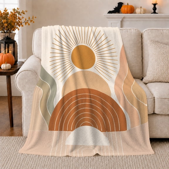 Golden Sun over Earthy Rainbow Arches, Serene Modern Style for Sun Lovers, Minimal Boho Horizon and Housewarming Gift, Soft Flannel Blanket for Bedroom and Living Room, Home Decor