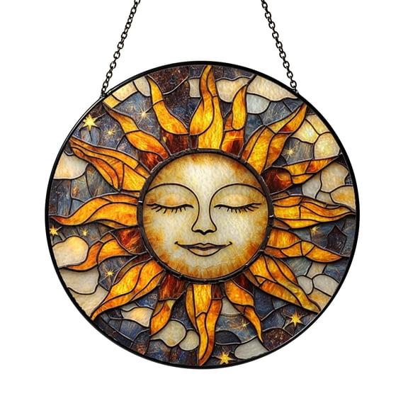 Golden Sun Face Spiritual Scene Stained Glass Style Window Suncatcher Decor, Meaningful Housewarming Decor Gift