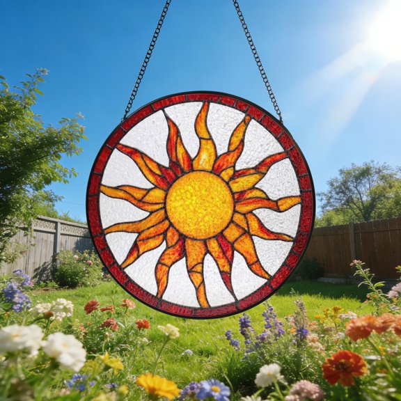 Golden Sun Faux Stained Glass Acrylic Suncatcher, Window Hanging Decor, Home Decor Gift
