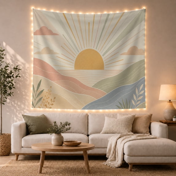 Golden Sun Above Layered Hills with Clouds, Calming Boho for Nature Lovers, Pastel Landscape Decor, Housewarming Gift, Tapestry Wall Hanging for Bedroom and Living Room