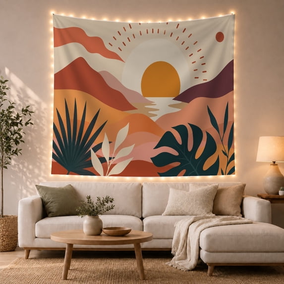 Golden Sun and Layered Mountains Against Terracotta Clouds, Serene Boho for Nature Lovers, Botanical Landscape Art, Housewarming Gift, Tapestry Wall Hanging for Bedroom and Living Room