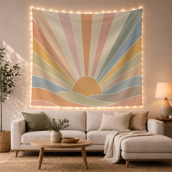 Golden Sun Over Layered Pastel Hills, Calming Retro for Art Lovers, Sunrise Landscape Wall Art, Housewarming Gift, Tapestry Wall Hanging for Bedroom and Living Room