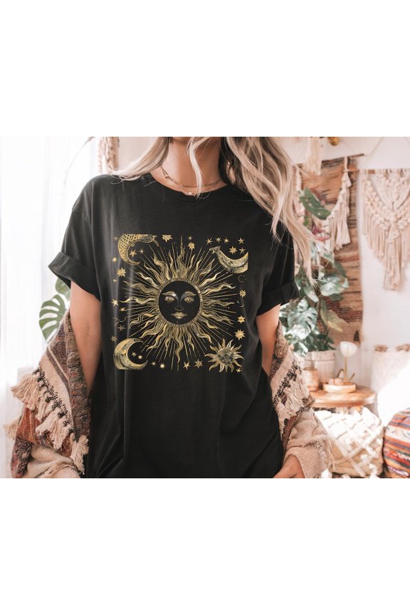 Golden Sun And Moon Celestial Graphic T-Shirt, Mystical Boho Astrology Art Tee, Cosmic Spiritual Aesthetic Design Comfort Colors Unisex Cotton T-Shirt, Sizes S-3XL