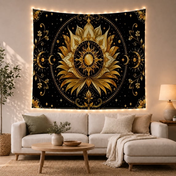 Golden Sun and Moon Design on Deep Black Background, Mystical Boho for Astrology Enthusiasts, Ethereal Celestial Art Housewarming Gift Tapestry Wall Hanging for Bedroom and Living Room