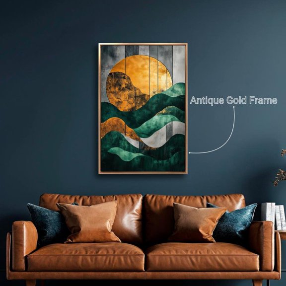 Golden Sun Poster Abstract Emerald Waves Wall Art Geometric Poster Sea Sunset Luxury Wall Decor Ready To Hang, Stretched Canvas Size 12x18