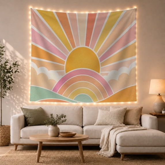 Golden Sun Over Rainbow Hills, Peaceful Retro for Art Lovers, Earthy Pastel Wall Art, Housewarming Gift, Tapestry Wall Hanging for Bedroom, Living Room and Studio