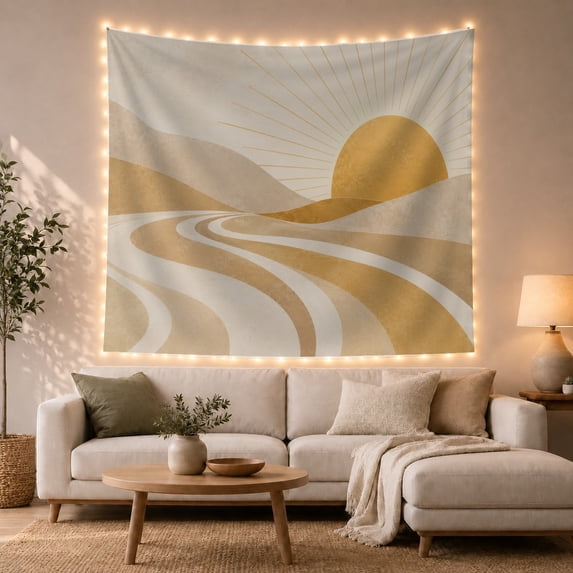 Golden Sun Over Rolling Hills in Muted Earthy Tones, Serene Boho for Bohemian Decor Lovers, Neutral Abstract Home Decor, Housewarming Gift, Tapestry Wall Hanging for Bedroom and Living Room