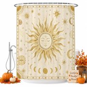 Golden Sun Shower Curtain Set - Small 36" x 72" Washable Bathtub Curtain with 12 Hooks, Abstract Mystical Universe Planet Moon Waterproof Fabric Stall Shower Curtains for Bathroom/Bathtub D cor