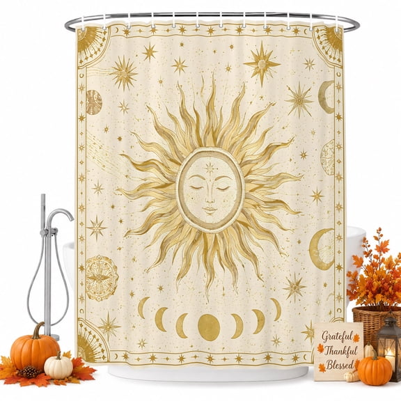 Golden Sun Shower Curtain Set - Small 36" x 72" Washable Bathtub Curtain with 12 Hooks, Abstract Mystical Universe Planet Moon Waterproof Fabric Stall Shower Curtains for Bathroom/Bathtub Décor