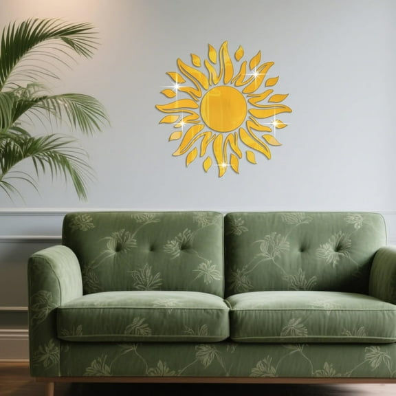 Golden Sun Sign Acrylic Mirror Wall Stickers for Living Room 17.71x17.71 in Round Flowers Self-Adhesive Wall Decor Decals for Bedroom Kitchen Decorations diy