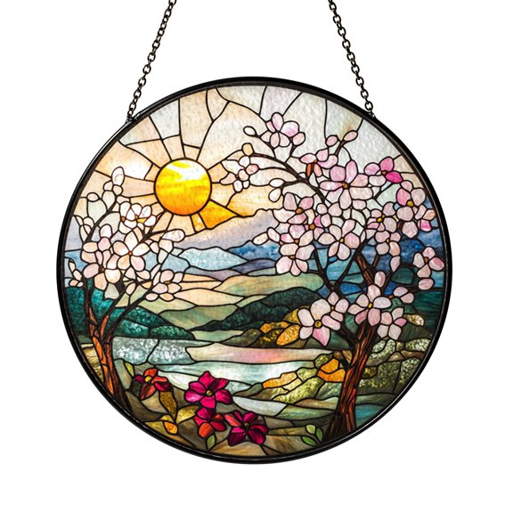 Golden Sun Spring Blossoms Faux Stained Glass Window Decor, Radiant Floral Suncatcher Hanging for Fresh Nature Inspired Spaces