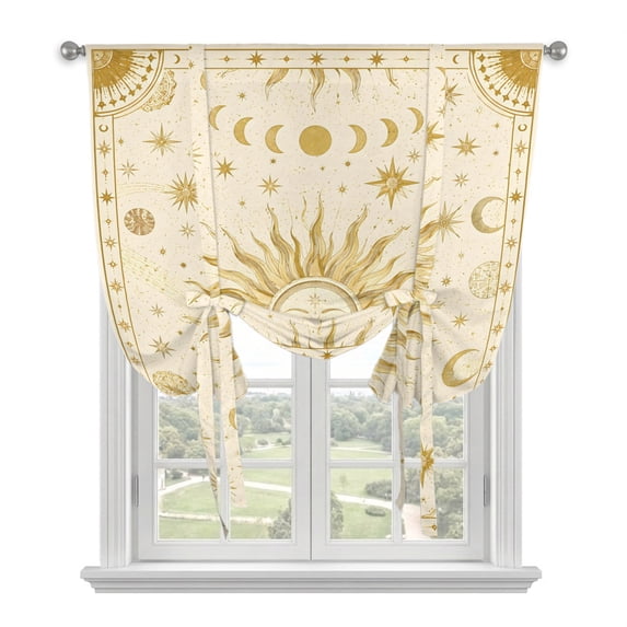 Golden Sun Tie Up Curtains 45 Inches Long, Kitchen Window Curtains Over Sink, Abstract Mystical Universe Planet Moon Small Window Curtains Shade Balloon Curtains Valances for Bedroom/Cafe 34"x45"