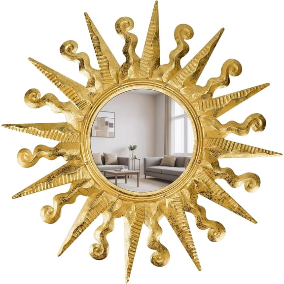 Golden Sun Wall Mirror Decorative 24 inch Metal Frame Mirror Sunburst Boho Mirror for Entryway Bedroom Living Room Bathroom House Warming Gifts New Home Essential