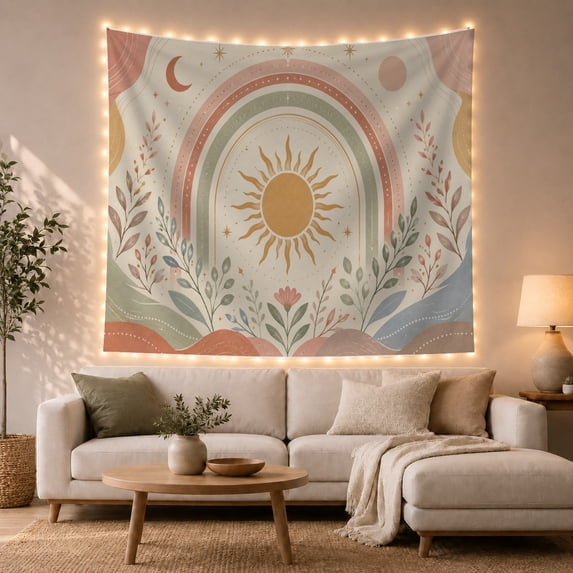 Golden Sun Within Dusty Rose and Sage Rainbow, Dreamy Boho for Celestial Art Lovers, Botanical Wall Art, Housewarming Gift, Tapestry Wall Hanging for Bedroom and Studio