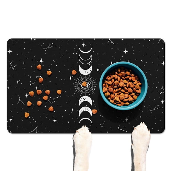 Golden Sun and Crescent Moon Dog Food Mat - Waterproof & Absorbent, Gothic Celestial Art, Non-Slip Base, Large Size