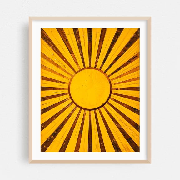 Golden Sunburst - Illustration Abstract Geometric Modern Art Mid-Century Modern Vintage Minimalist Oak Framed Wall Art Print 6 x 8 inches