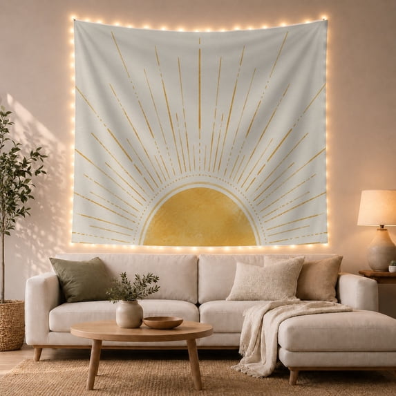 Golden Sunburst Rays Radiating Against Off-White Background Serene Celestial for Boho Decor Lovers Modern Wall Art Decor Birthday Gift Tapestry Wall Hanging for Bedroom and Dorm