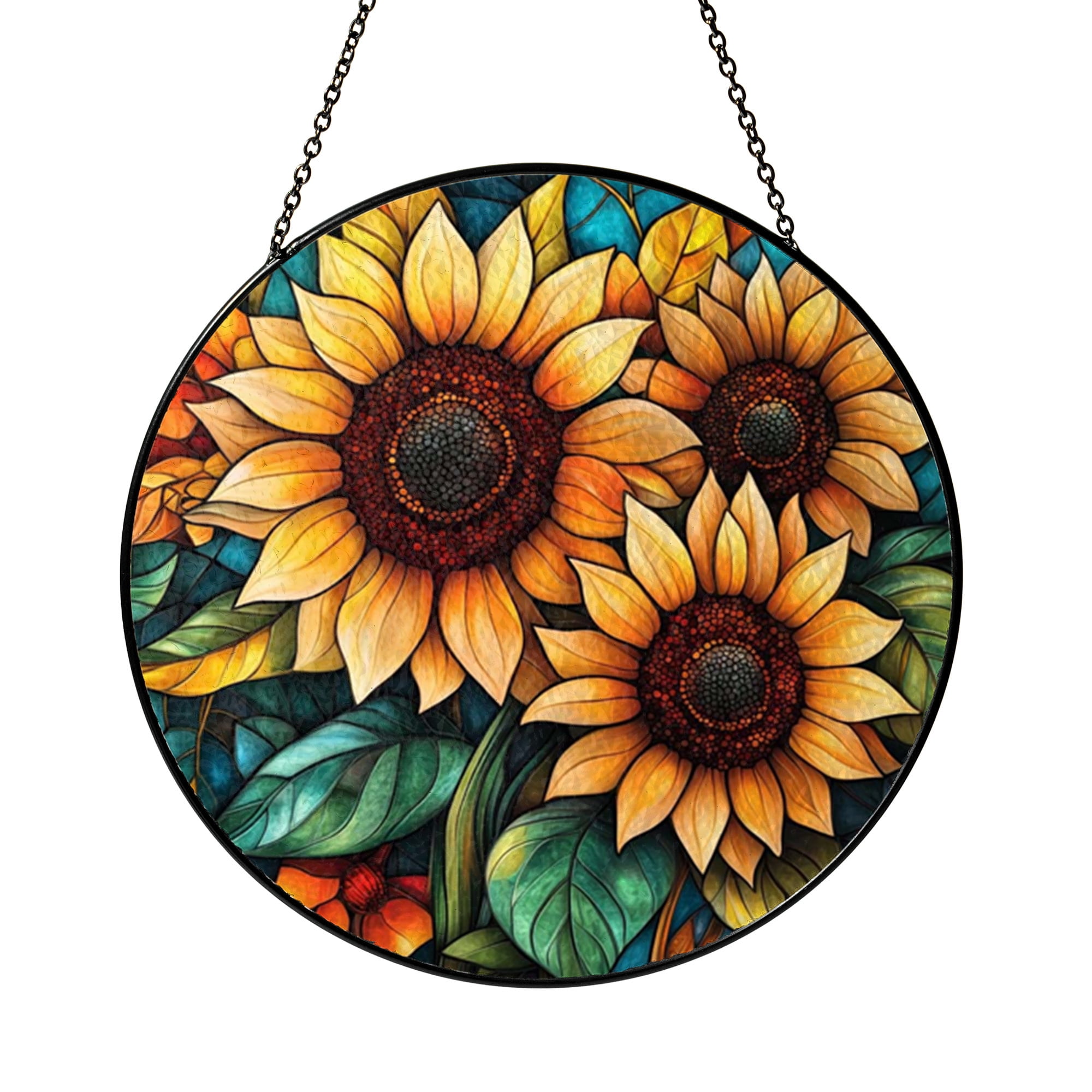 Golden Sunflower Bloom Stained Glass Style Window Decor, Botanical ...