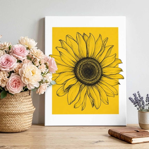 Golden Sunflower Canvas Wall Art for Living Room, Summer Vintage Black Floral Lines Minimalist Poster Print Painting for Bedroom Office Home Decoration Wall Pictures Prepare To Hang 8"x12"