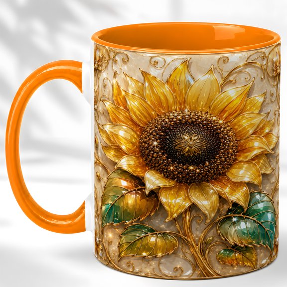 Golden Sunflower Coffee Mug, Floral Sunflower Mug, Ceramic 11 oz